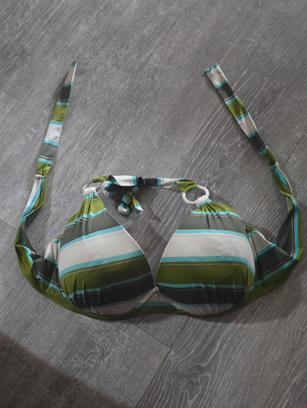 DD Cup Striped Halter Bikini Top in Green, Teal & White